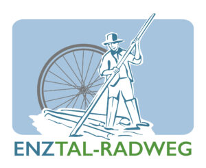 In der Mitte des Logos ist eine Zeichnung eines Flößers. Im Hintergrund ist ein Rad abgebildet. Der Hintergrund ist blau.