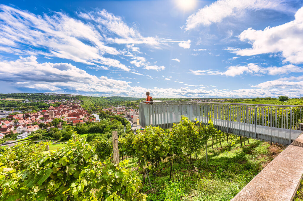 Eine Person steht auf der Aussichtsplattform. Im Hintergrund sind ein Ort und Weinberge zu sehen. 